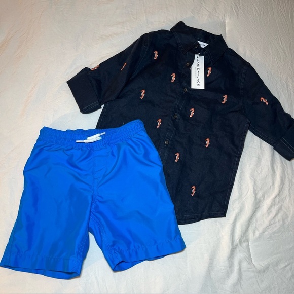 Janie and Jack NWT 3/4 Sleeve Linen Shirt and Lands End Swim Trunks Boys Size 4 - Picture 1 of 9